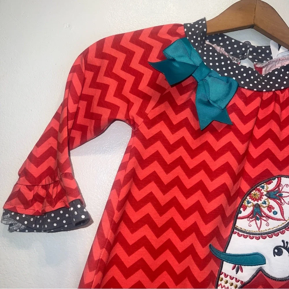 Counting Daisies Girls Orange Teal Long Sleeve Elephant Embroidered Dress Sz 4